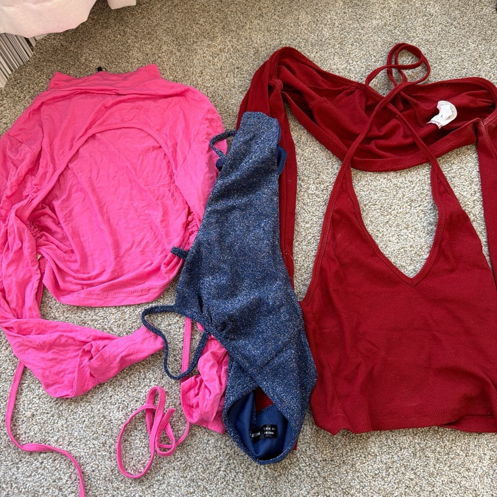 3 crop tops, backless top, halter